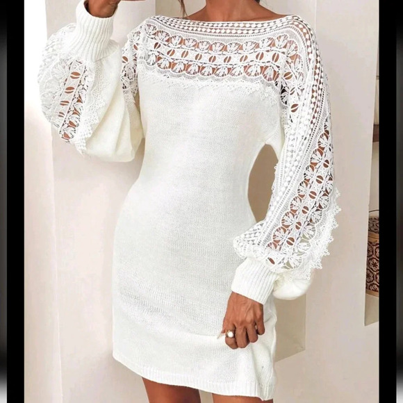 LadSolid Color Hollow-Out Elegant Lace Knit Sweater Dress - Picture 5 of 6